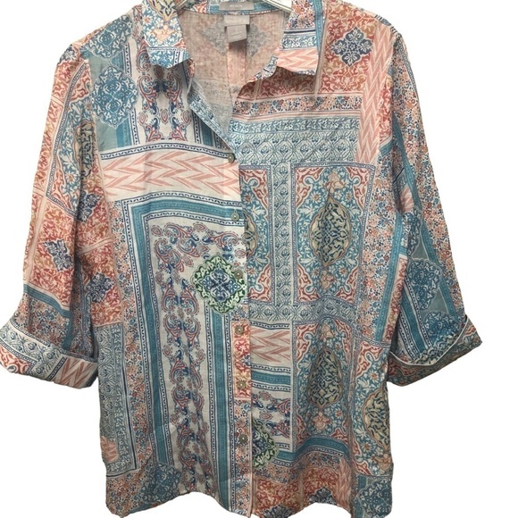 Chico’s Linen Coastal Tile Pastel Paisley Long Sleeve Blouse Chico 2 Women’s 12 - Picture 15 of 15